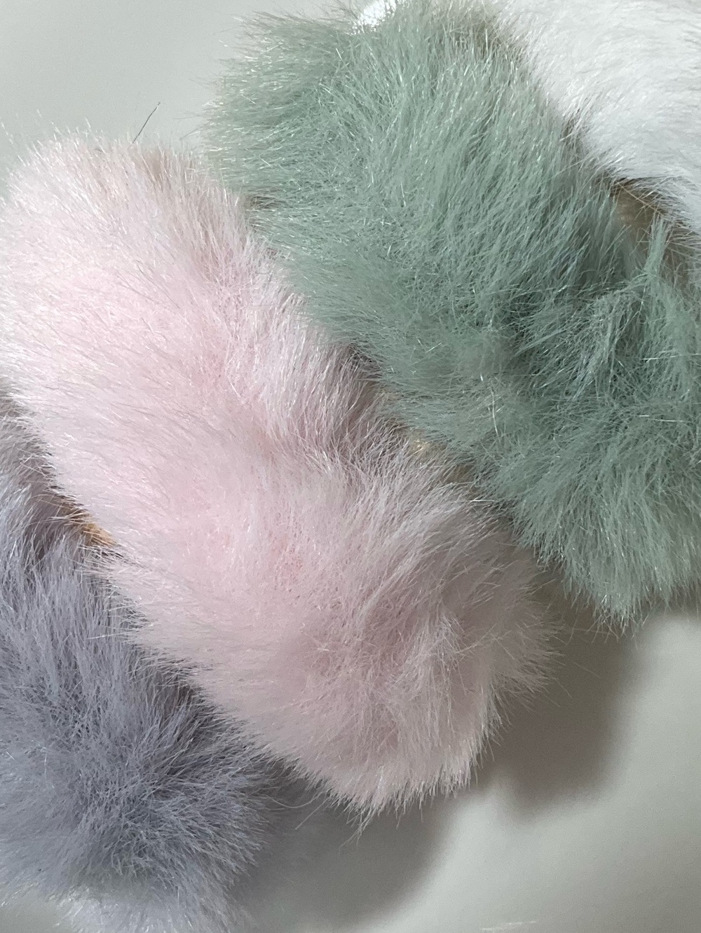 Set of Four Fuzzy Hair Scrunchie Pom Hair Ties - Gray, Pink, Sage, White - Picture 3 of 4